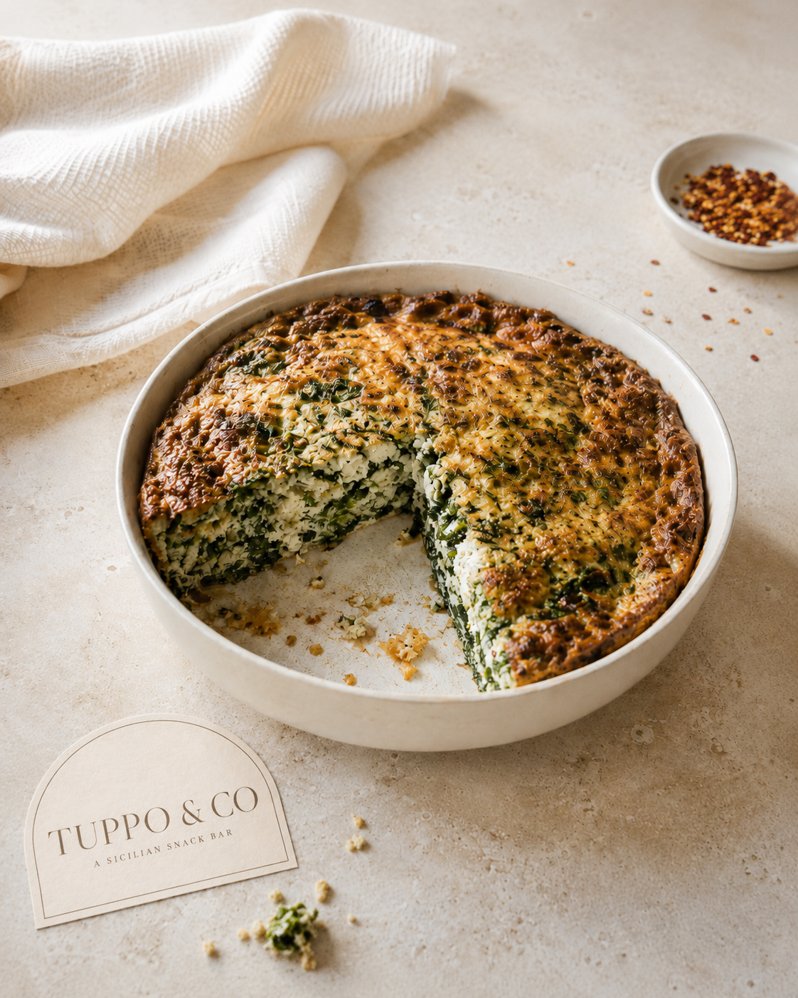 Sicilian sformato of spinach and ricotta baked in a ceramic dish