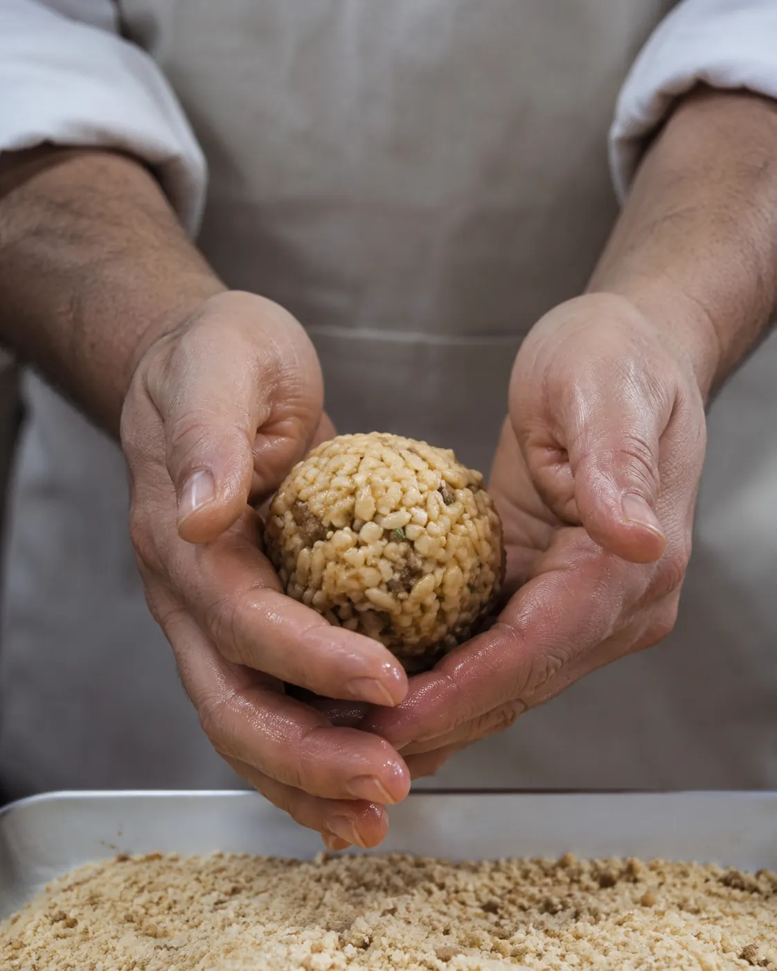 Hands shaping ragù arancini in the Tuppo & Co kitchen